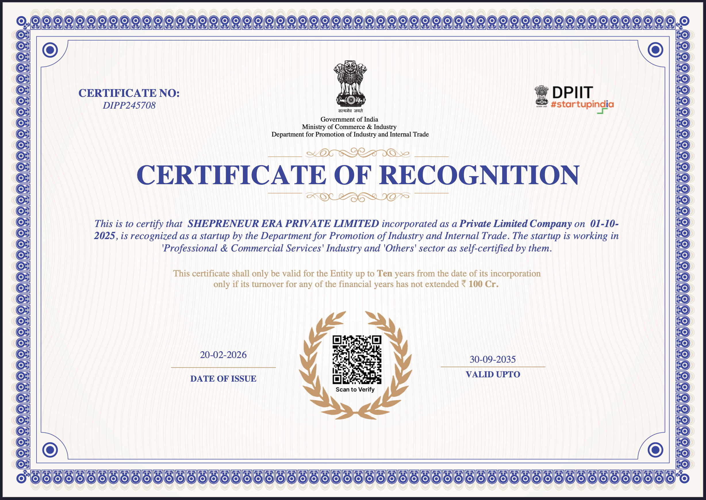Startup India Certificate
